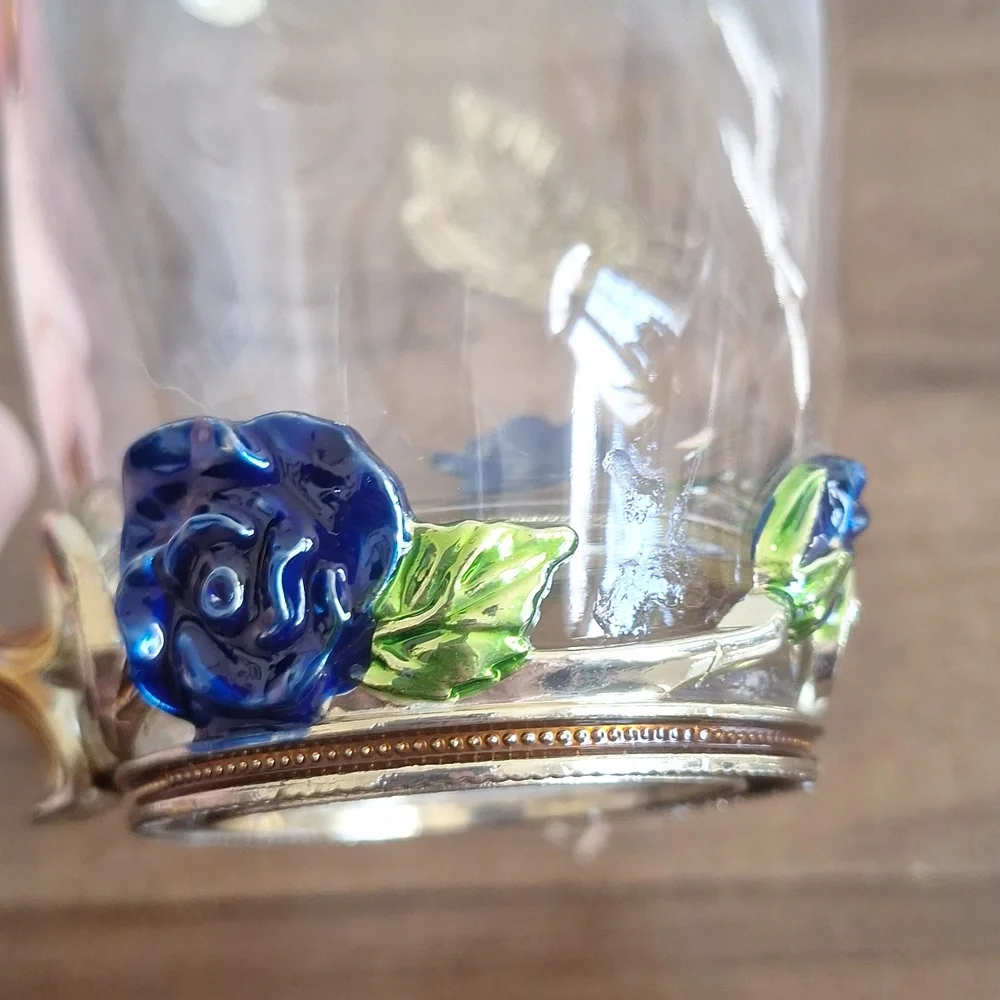 ​Enamel Blue Rose & Butterfly Glass Tea Mug | Vintage Style Floral Coffee Cup